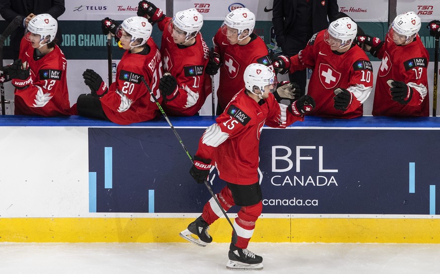 Switzerland&#039;s Ronny Daehler (15) celebrates his goal against Germany during the third period of an IIHF World Junior Hockey Championship game Wednesday, Dec. 30, 2020, in Edmonton, Alberta. (Jaso ...