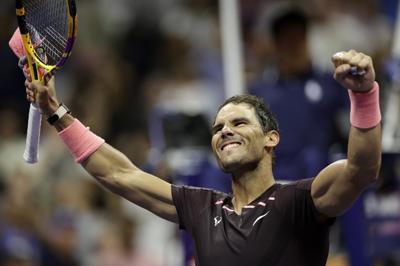 Rafael Nadal, of Spain, celebrates after winning his match against Richard Gasquet, of France, during the third round of the U.S. Open tennis championships, Saturday, Sept. 3, 2022, in New York. (AP P ...