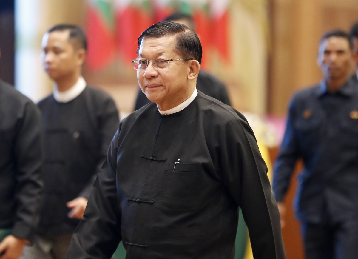 epa12866875 FILE -Myanmar military Commander-in-Chief Senior General Min Aung Hlaing during a ceremony to mark the one-year anniversary of the earthquake at the Myanmar International Convention Center ...