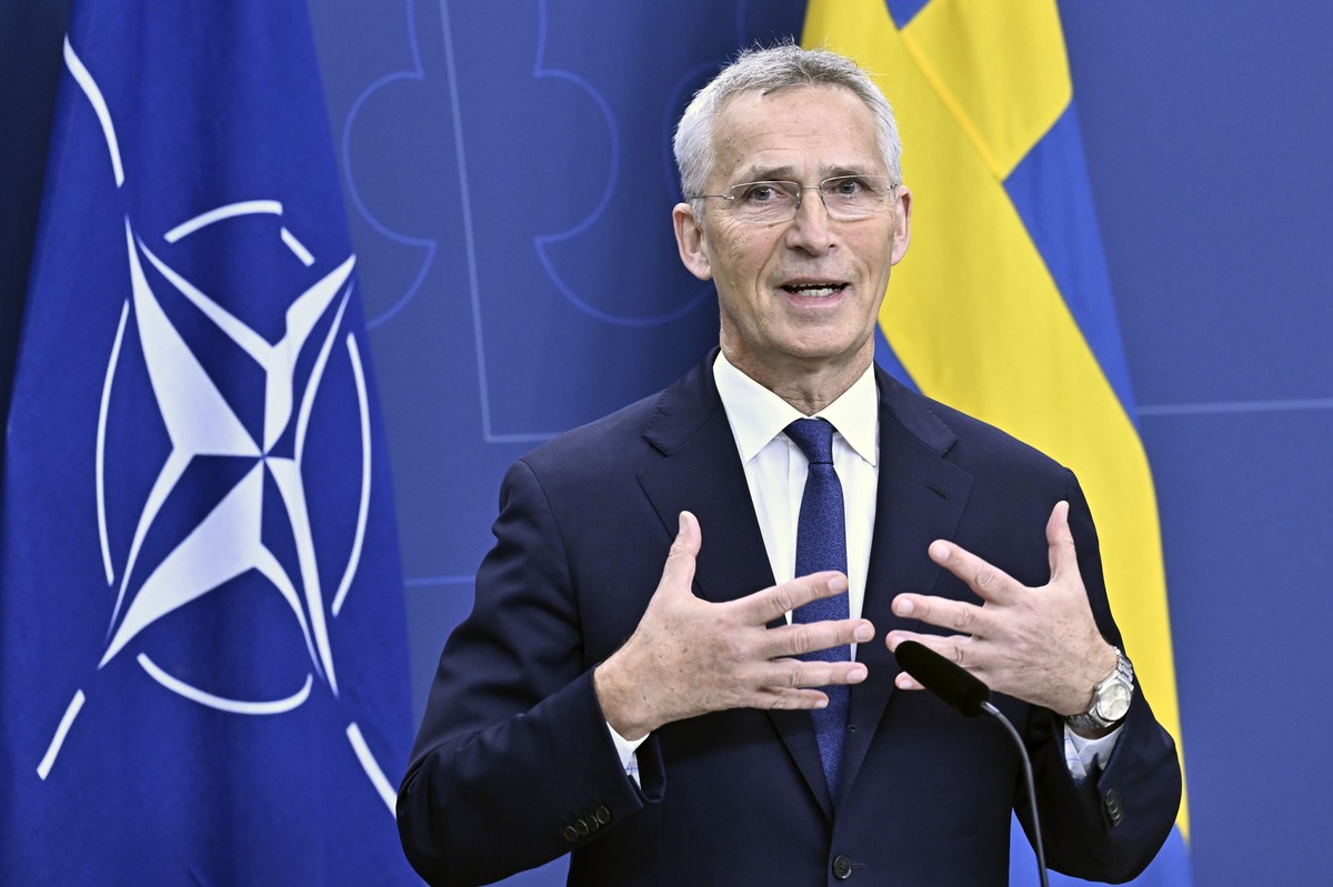 NATO Secretary General Jens Stoltenberg speaks during a press conference at the Swedish Government headquarter Rosenbad in Stockholm, Tuesday Oct. 24, 2023. (Jonas Ekstr
