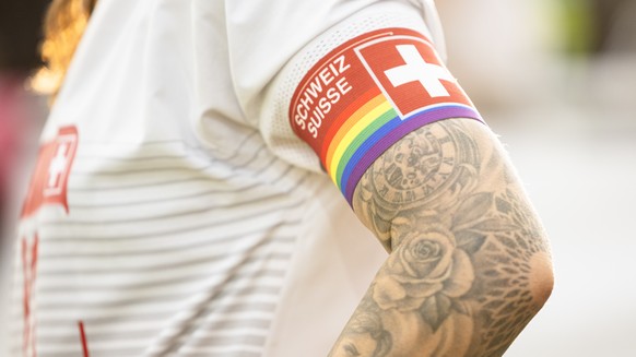 Switzerland&#039;s Ramona Bachmann wears a rainbow colored captain&#039;s armband during a women&#039;s international friendly soccer match between Switzerland and Morocco at the Schuetzenwiese stadiu ...