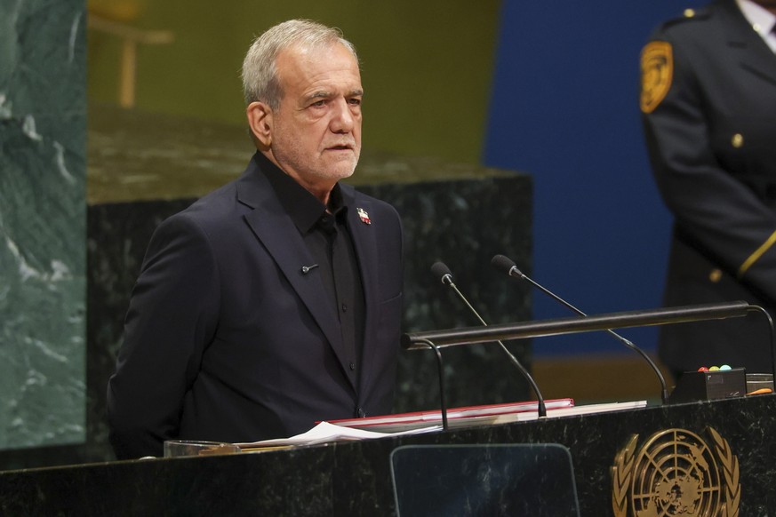 epa13257894 President of Iran Masoud Pezeshkian speaks during the General Debate of the 81st session of the United Nations General Assembly at United Nations Headquarters in New York, New York, USA, 2 ...