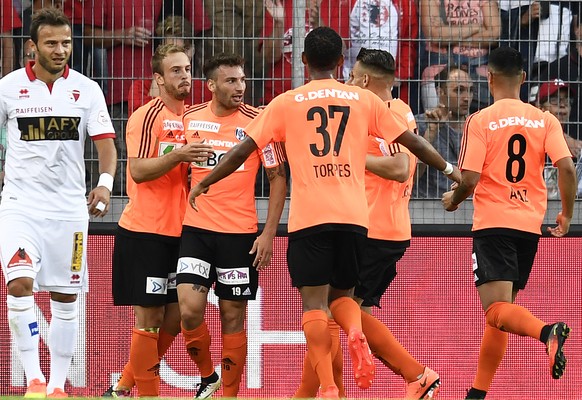 06.08.2016; Sion; Fussball Super League - FC Sion - FC Lausanne-Sport;
Jubel Lausanne nach dem Tor zum 0:1 durch Francesco Margiotta (Lausanne)
 (Urs Lindt/freshfocus)