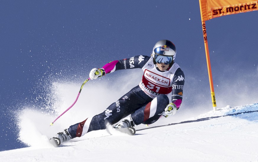 United States&#039; Lindsey Vonn competes in an alpine ski, women&#039;s World Cup super G, in St. Moritz, Switzerland, Saturday, Dec. 21, 2024. (Jean-Christophe Bott/Keystone via AP)