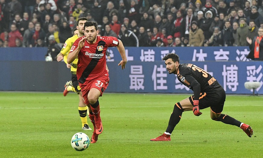 Leverkusen&#039;s Kevin Volland, left, overruns Dortmund goalkeeper Roman Buerki to score the opening goal during the German Bundesliga soccer match between Bayer Leverkusen and Borussia Dortmund in L ...