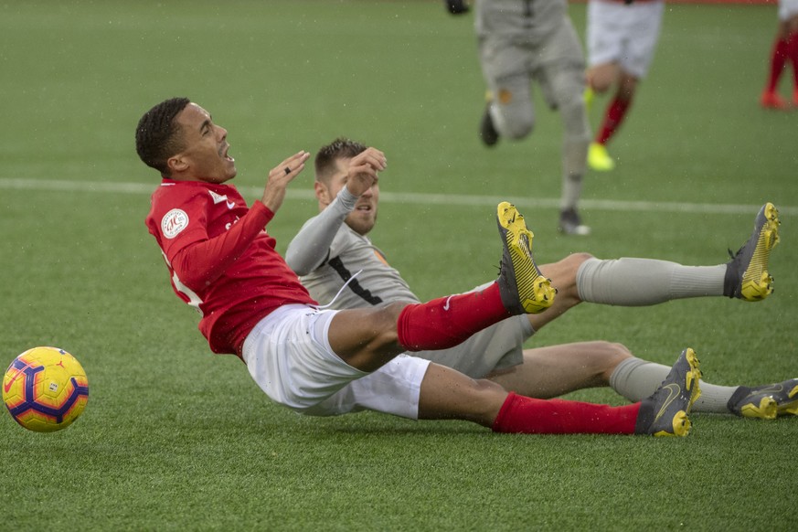 YBs, Thorsten Schick, rechts,im Kampf um den Ball gegen Thuns Sven Joss, links, beim Fussballspiel der Super League zwischen dem FC Thun und den Berner Young Boys, am Sonntag, 10. Januar 2019 in der S ...