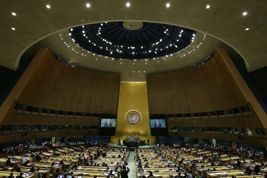 Paraguay&#039;s President Mario Abdo Benitez addresses the 73rd session of the United Nations General Assembly Tuesday, Sept. 25, 2018, at the United Nations headquarters. (AP Photo/Frank Franklin II)