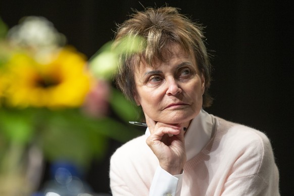 Former Swiss President Micheline Calmy-Rey listens a speech during the dialogue around of &quot;For an active neutrality. From Switzerland to Europe&quot; organized by the Jean Monnet Foundation for E ...