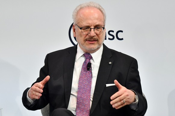 epa10475445 Latvian President Egils Levits speaks during the the 59th Munich Security Conference (MSC) in Munich, Germany, 18 February 2023. More than 500 high-level international decision-makers meet ...