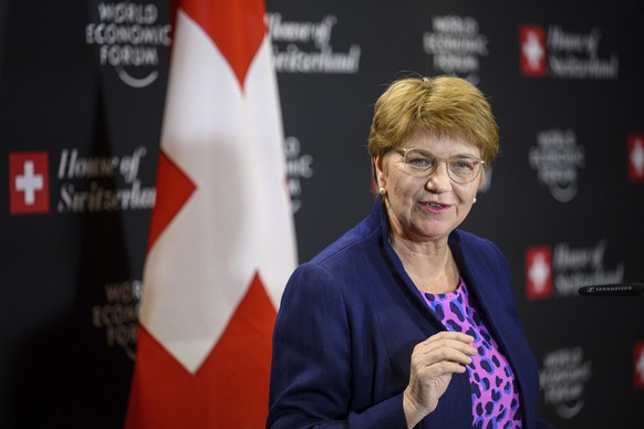 Swiss Federal President Viola Amherd speaks during a press conference at the House of Switzerland, on the sideline of the 54th annual meeting of the World Economic Forum, WEF, in Davos, Switzerland, T ...