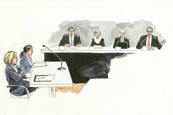 epa06608269 A drawing shows public prosecutor Barbara Loppacher (L) during the pronouncement of judgement for the quadruple murder of Rupperswil at the district court Lenzburg in Schafisheim (AG), Swi ...