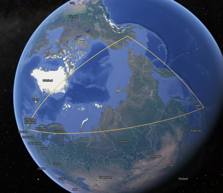 Die Routen von London nach Tokio: Einmal durch Russland, einmal durch die Arktis.