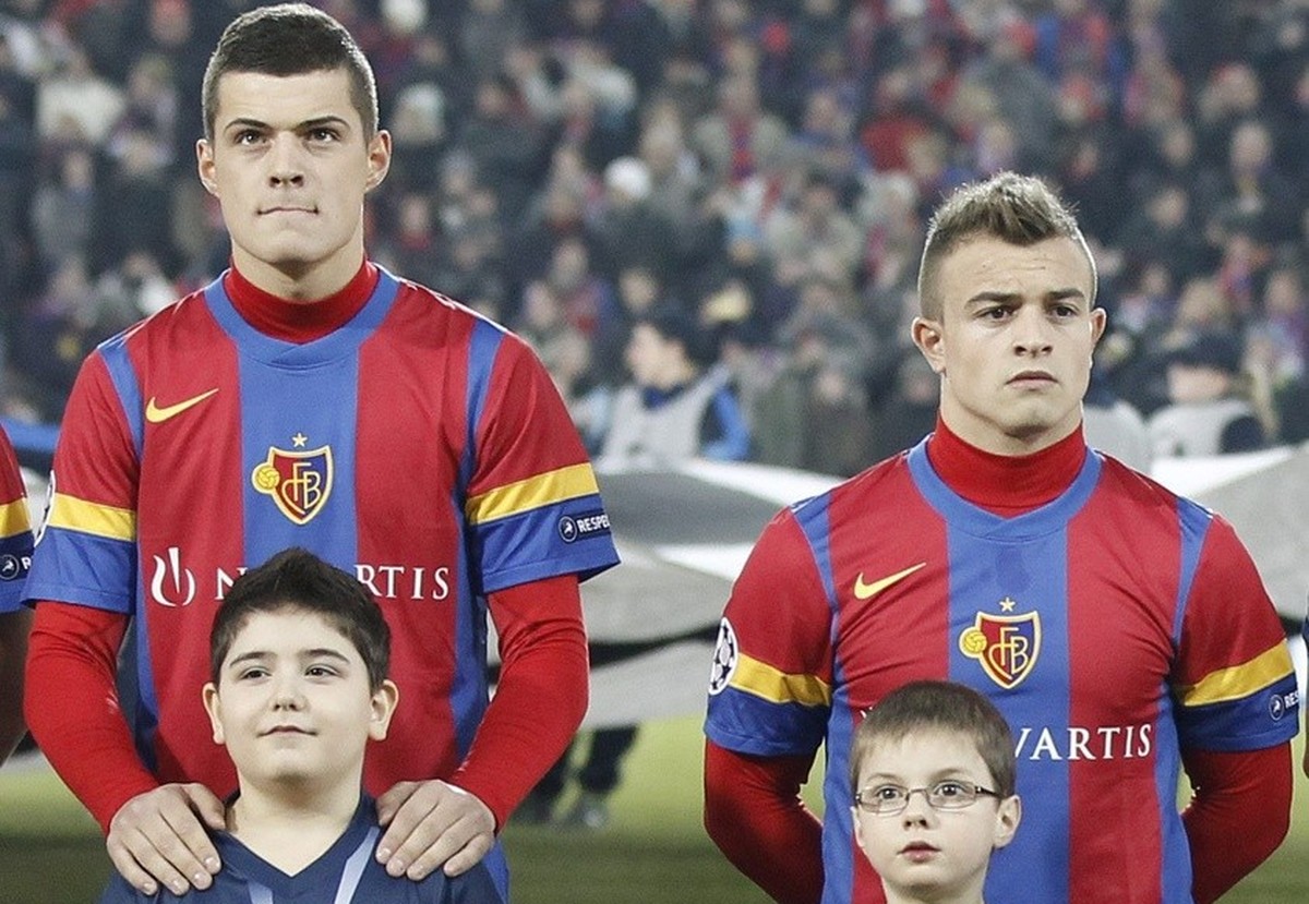 Basel's Xherdan Shaqiri, right, and Basel's Granit Xhaka seen prior to the Champions League round of sixteen first leg match between Switzerland's FC Basel and Germany's FC Bayern  ...