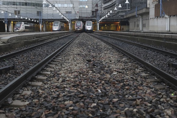 High-speed trains park at the Gare Montparnasse train station, Friday, Dec. 6, 2019 in Paris. Frustrated travelers are meeting transportation chaos around France for a second day, as unions dig in for ...