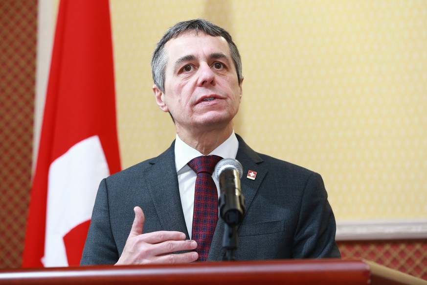 epa06646364 Swiss Federal Councilor and Foreign Minister Ignazio Cassis speaks during a joint press conference with Mongolian Foreign Minister Damdin Tsogtbaatar (not pictured) at the Ministry of Fore ...