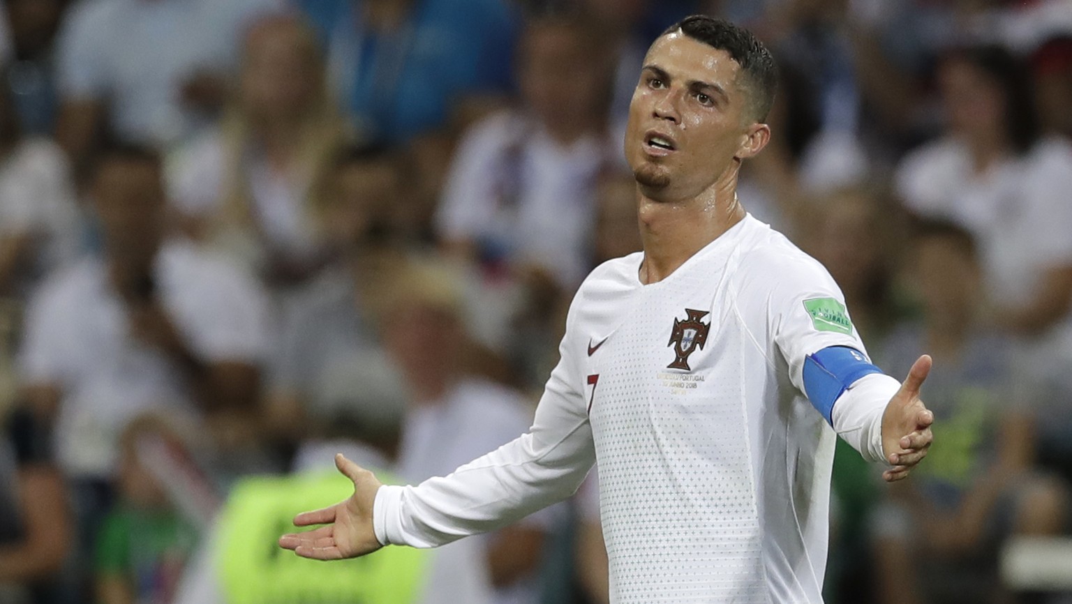 Portugal&#039;s Cristiano Ronaldo gestures during the round of 16 match between Uruguay and Portugal at the 2018 soccer World Cup at the Fisht Stadium in Sochi, Russia, Saturday, June 30, 2018. (AP Ph ...
