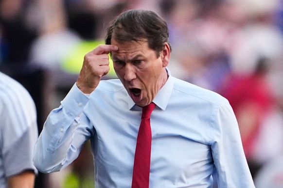 Belgium head coach Rudi Garcia reacts on the sideline during the World Cup round of 16 soccer match between the United States and Belgium in Seattle, Monday, July 6, 2026. (AP Photo/Lindsey Wasson)
Ru ...