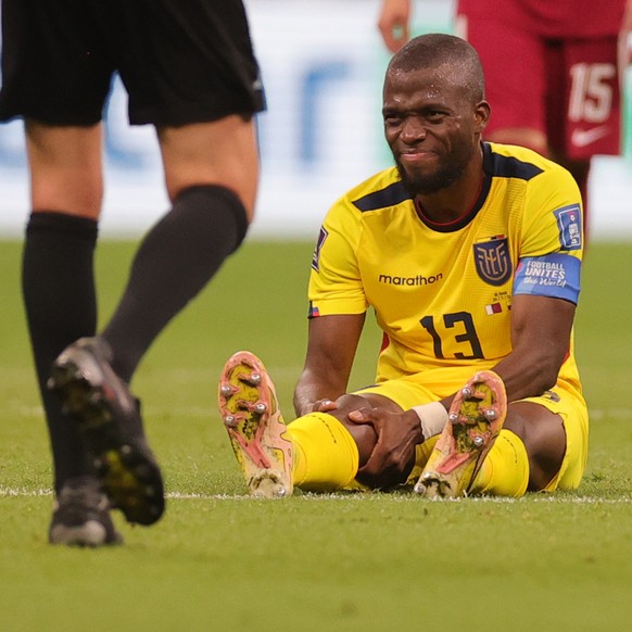 epa10316523 Enner Valencia of Ecuador reacts during the FIFA World Cup 2022 group A Opening Match between Qatar and Ecuador at Al Bayt Stadium in Al Khor, Qatar, 20 November 2022. EPA/Friedemann Vogel