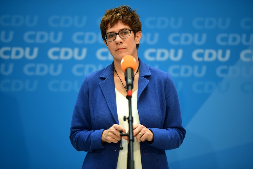 epa07695062 Christian Democratic Union (CDU) party chairwoman Annegret Kramp-Karrenbauer during a media statement with former Austrian Chancellor and leader of the Austrian People?s Party Sebastian Ku ...