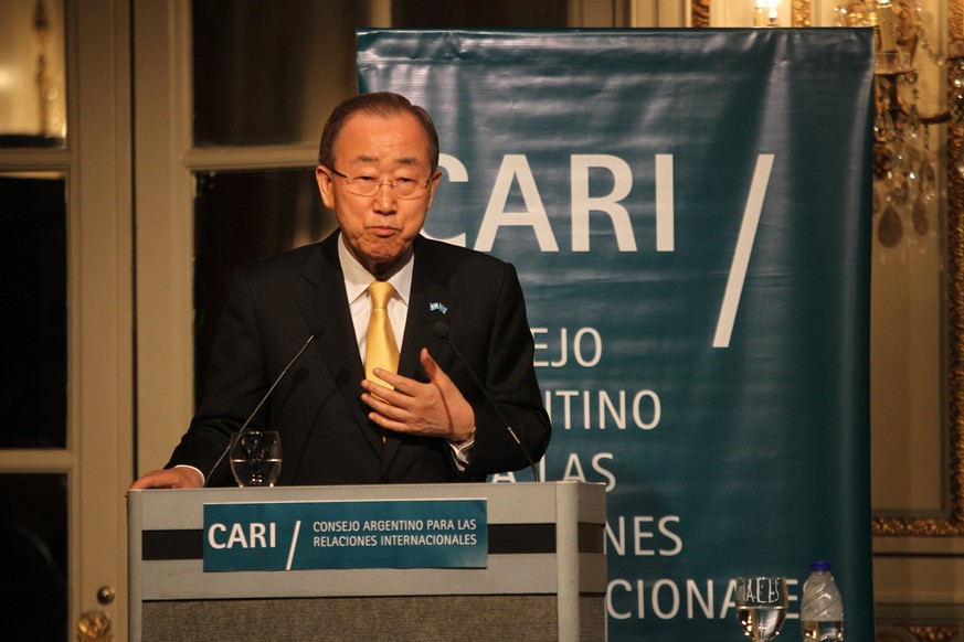 epa05464495 Secretary General of United Nations Ban Ki Moon speaks during a meeting of the Argentine Council for International Relations (CARI) in Buenos Aires, Argentina, 08 August 2016. CARI is the  ...