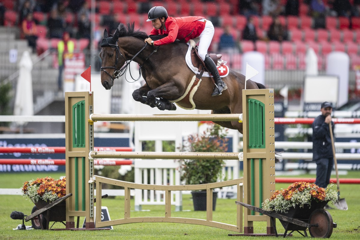 Steve Guerdat from Switzerland on Venard de Cerisy at the "Longines FEI Jumping Nations Cup of Switzerland" during the CSIO Show Jumping in St. Gallen, Switzerland, Sunday, June 6, 2021. (KE ...