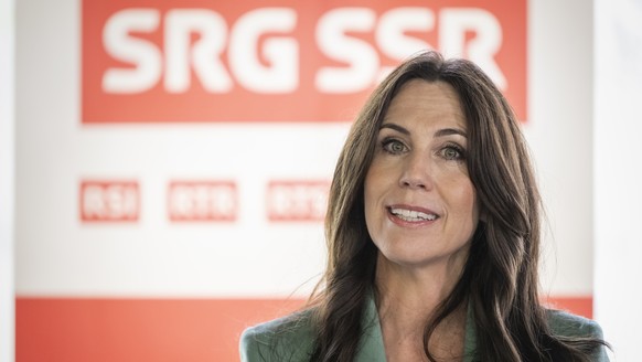 Susanne Wille tritt als neue Generaldirektorin der Schweizerischen Radio- und Fernsehgesellschaft SRG vor die Medien, am Samstag, 25. Mai 2024 in Bern. Die 50-jaehrige Schweizer Journalistin und Moder ...