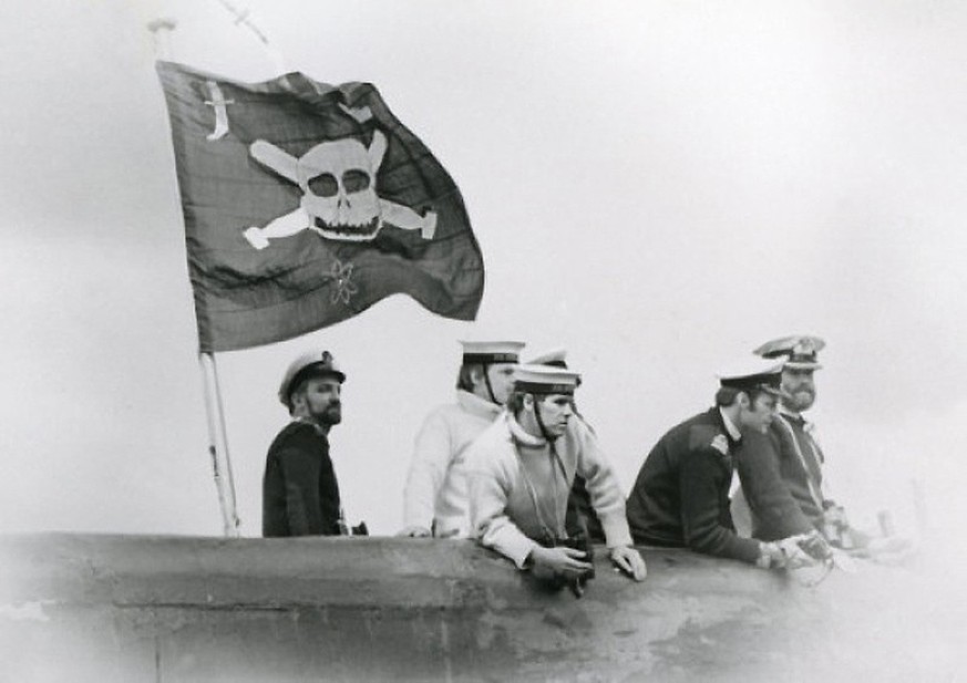 Conqueror returning to the Clyde Submarine base (Faslane) flying the Jolly Roger after the Falklands War, 4 July 1982
https://en.wikipedia.org/wiki/HMS_Conqueror_(S48)#Falklands_War