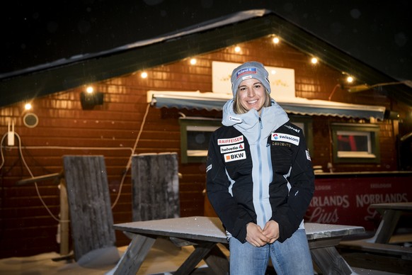 Jasmine Flury of Switzerland, poses for photographer during a press conference of the Swiss-Ski federation at the 2019 FIS Alpine Skiing World Championships in Are, Sweden Sunday, February 3, 2019. (K ...