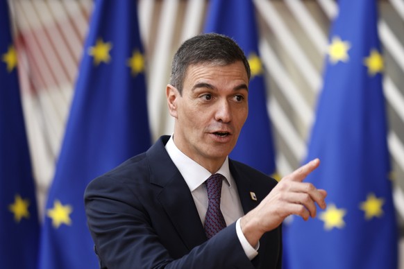 FILE - Spain&#039;s Prime Minister Pedro Sanchez arrives for a EU Summit in Brussels, on March 21, 2024. Norway, Ireland and Spain recognized a Palestinian state on Wednesday May 22, 2024 in a histori ...