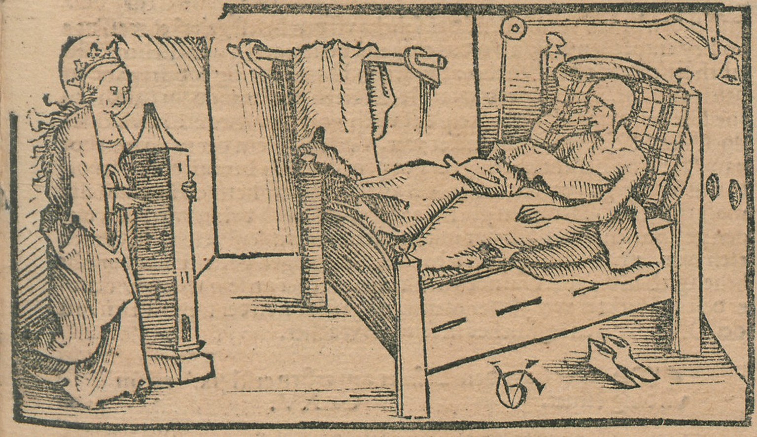 Die Heilige Barbara in Jetzers Zelle. Barbara ist an ihrem Attribut, dem Turm zu erkennen. Holzschnitt von Urs Graf, 1509. http://resolver.staatsbibliothek-berlin.de/SBB0001D18D00000000