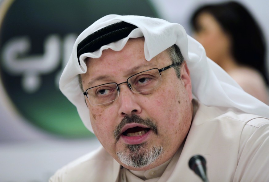FILE - In this Feb. 1, 2015, file photo, Saudi journalist Jamal Khashoggi speaks during a press conference in Manama, Bahrain. The disappearance of Khashoggi, during a visit to his country’s consulate ...
