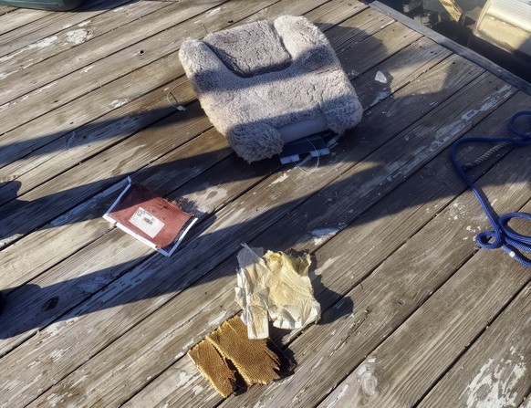This image provided by Dean Naujoks shows debris recovered from the Potomoc River at on a dock on Daingerfield Island south of Ronald Reagan Washington National Airport in Alexandria, Va., Thursday, J ...