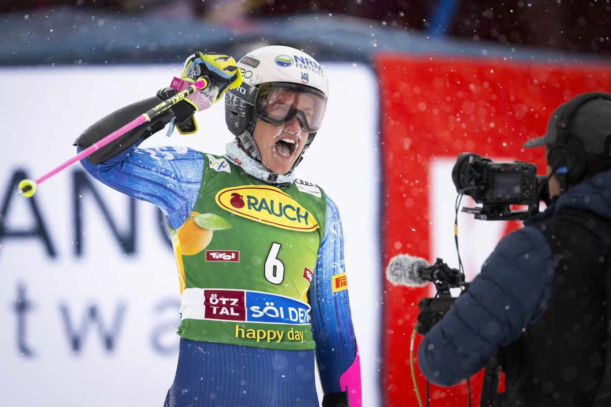 Paula Moltzan of USA reacts in the finish area during the second run of the Womens Giant Slalom race of the FIS Alpine Ski World Cup season opener on the Rettenbach glacier, in Soelden, Austria, on S ...