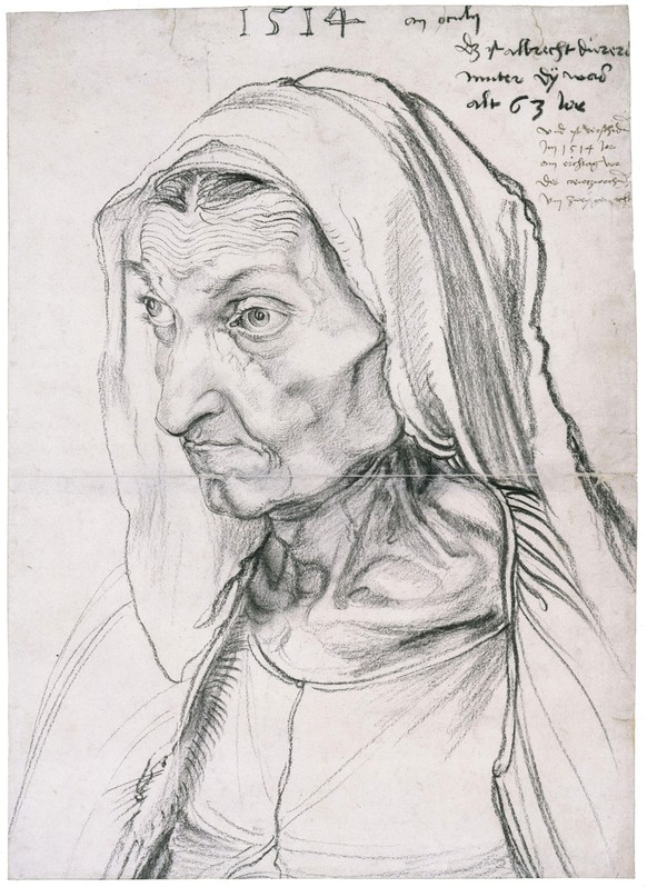 Albrecht Dürer zeichnete seine Mutter, als diese 63 Jahre alt war.
https://id.smb.museum/object/1048008