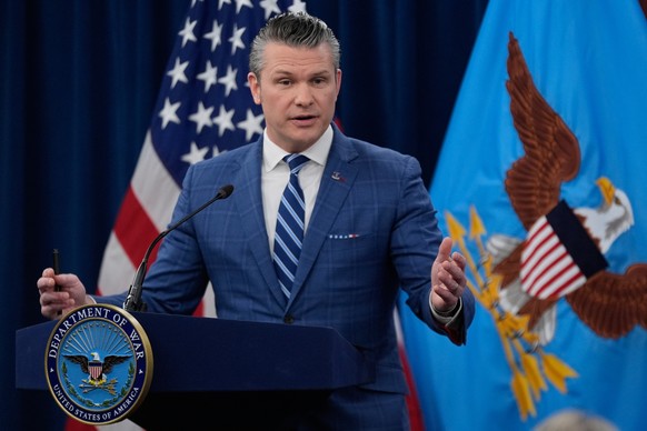 Defense Secretary Pete Hegseth speaks to members of the media during a press briefing at the Pentagon in Washington, Wednesday, April 8, 2026. (AP Photo/Manuel Balce Ceneta)
Pete Hegseth