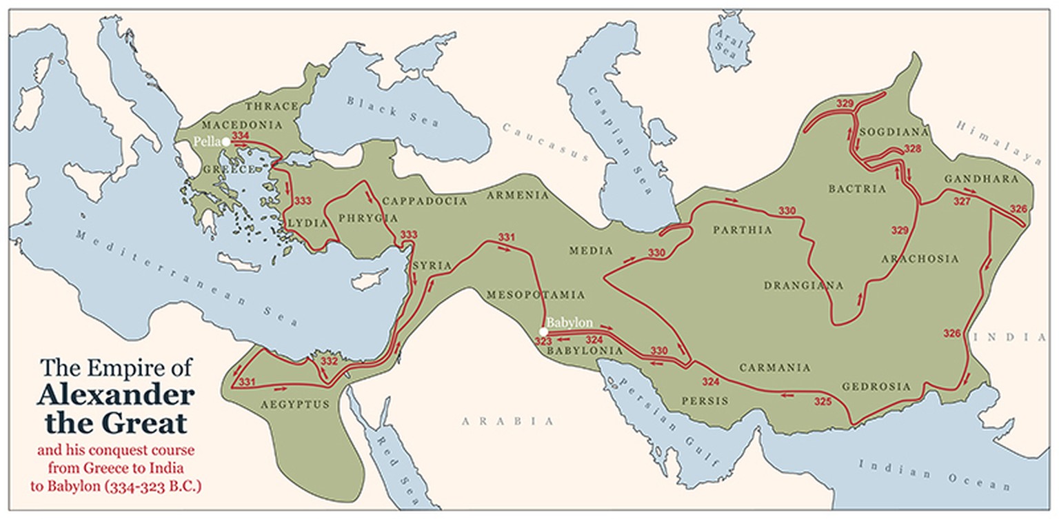 Das von Alexander dem Grossen eroberte Gebiet ersteckte sich von Griechenland bis Indien.