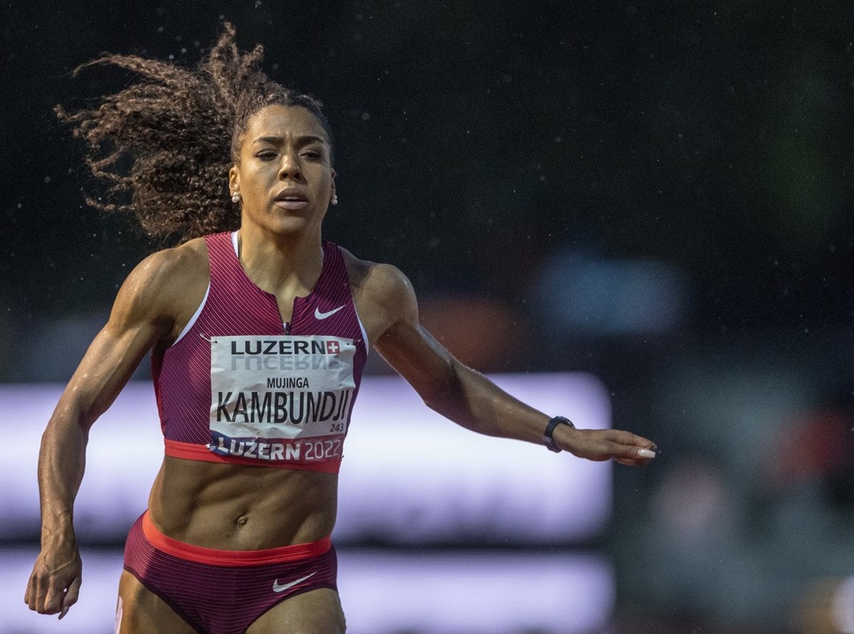 Mujinga Kambundji from Switzerland during the Women 100m race at the International Athletics Meeting in Lucerne, Switzerland, Tuesday, August 30, 2022. (KEYSTONE/Urs Flueeler)
