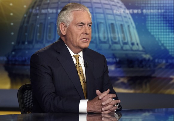 Secretary of State Rex Tillerson speaks during a television interview with Chris Wallace, the anchor of FOX News Sunday, in Washington, Sunday, Aug. 27, 2017. (AP Photo/Susan Walsh)