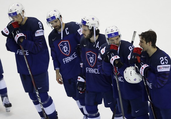 Players of France after loosing the Ice Hockey World Championships group A match between France and Great Britain at the Steel Arena in Kosice, Slovakia, Monday, May 20, 2019. (AP Photo/Petr David Jos ...