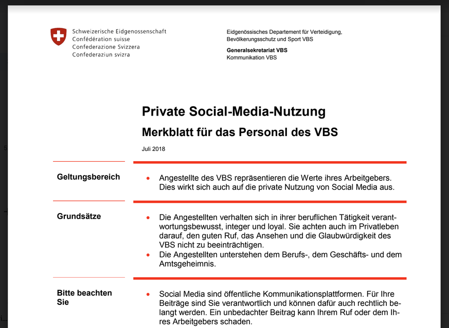 Im Merkblatt heisst es warnend: «Ein unbedachter Beitrag kann ihrem Ruf oder dem Ihres Arbeitgebers schaden.»