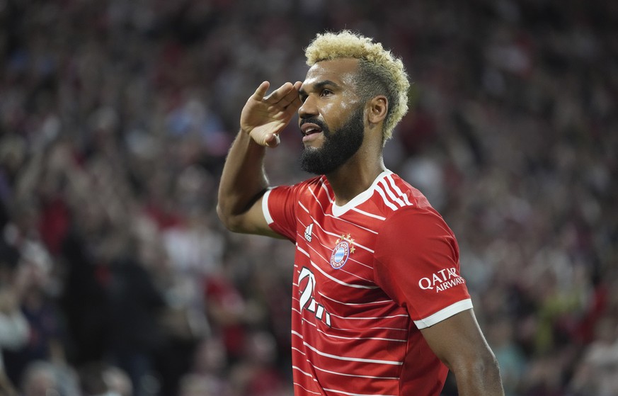 Bayern&#039;s Eric Maxim Choupo-Moting celebrates after scoring his side&#039;s second goal during the German Bundesliga soccer match between FC Bayern Munich and SC Freiburg at the Allianz Arena in M ...