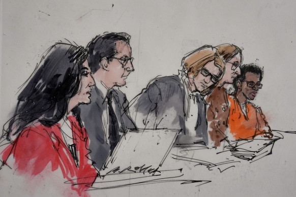 In this courtroom sketch, David Anthony Burke, also known as D4vd, far right, is seen in court Tuesday, July 21, 2026, in Los Angeles, during his trial for the killing of Celeste Rivas Hernandez. (Bil ...