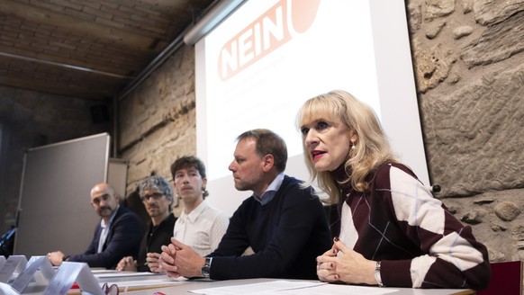 Priska Seiler Graf, Nationalraetin SP-ZH, vorne, spricht an der Seite von Fabien Fivaz, Staenderat GP-NE, Sheldon Masseraz, Co-Praesident Junge Gruene, Andreas Wolf, Geschaeftsleiter Stiftung Wirtscha ...