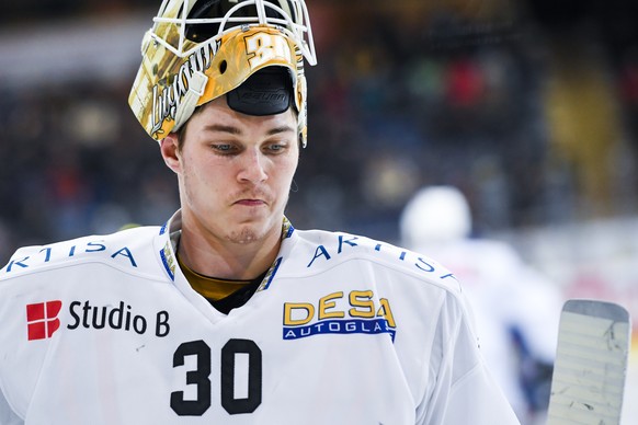 Luganos Torhueter Elvis Merzlikins beim Eishockey-Qualifikationsspiel der National League A zwischen dem HC Davos und dem HC Lugano, am Samstag, 2. Maerz 2019, in der Vaillant Arena in Davos. (KEYSTON ...