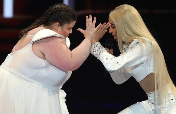 epa07578768 Contestant Bilal Hassani (R) of France performs during rehearsals for the Grand Final of the 64th annual Eurovision Song Contest (ESC) at the Expo Tel Aviv, in Tel Aviv, Israel, 17 May 201 ...