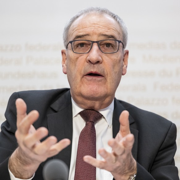 Swiss Federal Councillor Guy Parmelin speaks during a press conference on the new import tariffs into the US, Friday, November 14th, 2025, in Berne, Switzerland. (KEYSTONE/Alessandro della Valle)