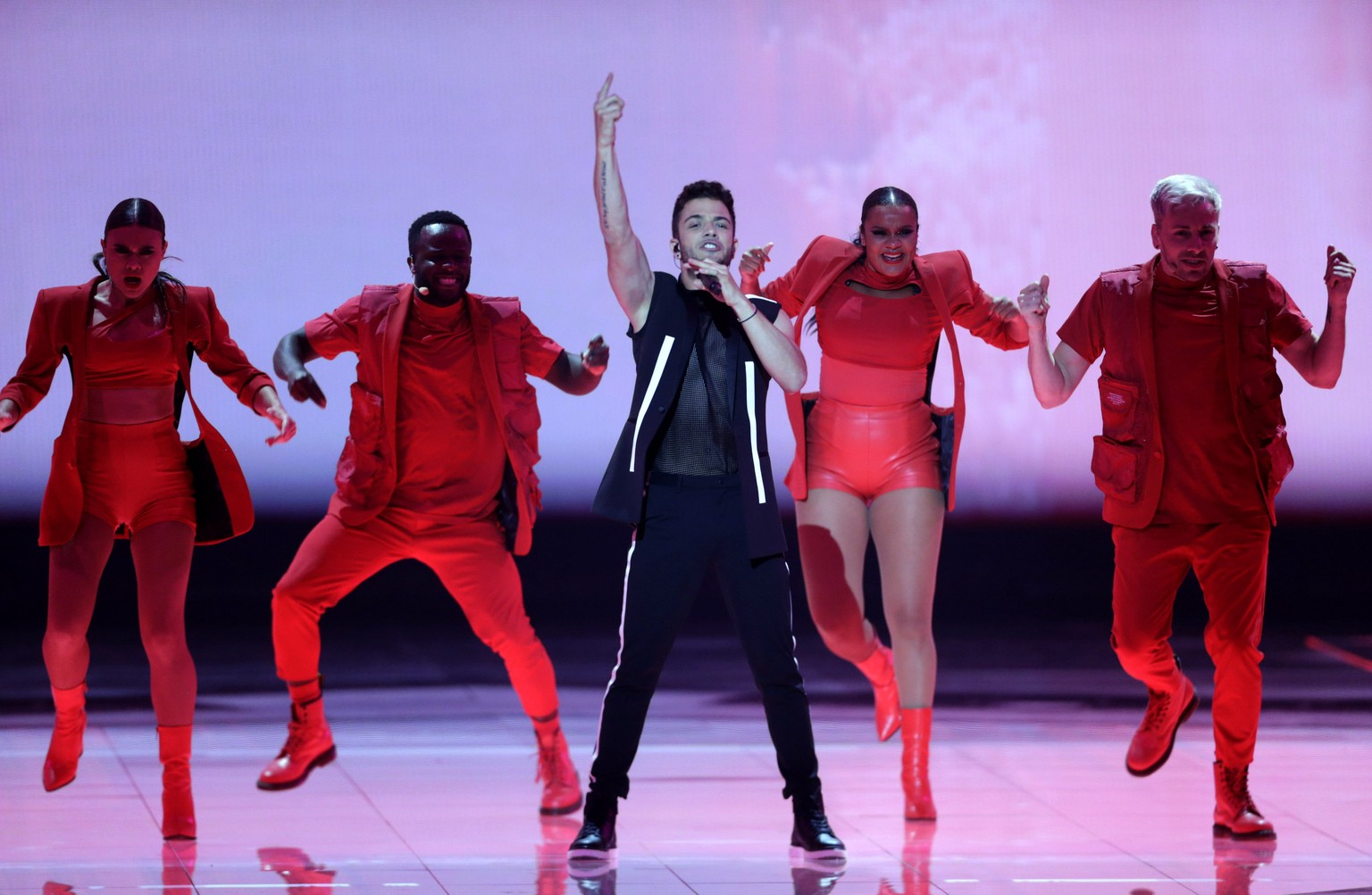 epa07576923 Contestant Luca Haenni of Switzerland performs during the Second Semi-Final of the 64th annual Eurovision Song Contest (ESC) at the Expo Tel Aviv, in Tel Aviv, Israel, 16 May 2019. The Gra ...