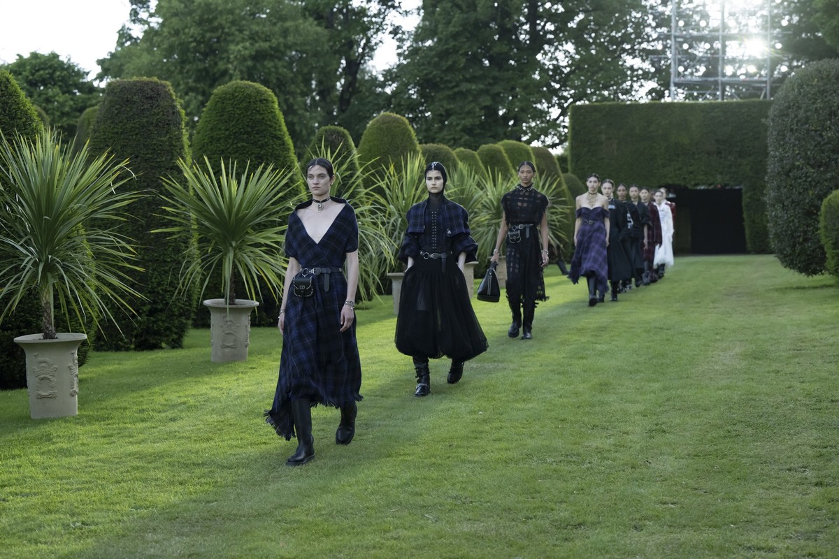 Model on the runway at the Dior Cruise 2025 Show held at Drummond Castle on June 3, 2024 in Perthshire, Scotland.