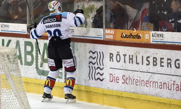 04.04.2015; Langnau; Eishockey Ligaqualifikation - SCL Tigers - Rapperswil-Jona Lakers; Torschuetze Johan Fransson (Lakers) jubelt (Sandro Stutz/freshfocus)