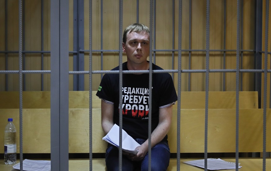 epa07635721 Meduza news project journalist Ivan Golunov attends pre-trial court hearing at Nikulinsky court in Moscow, Russia, 08 June 2019. Meduza special correspondent Ivan Golunov was arrested on 0 ...